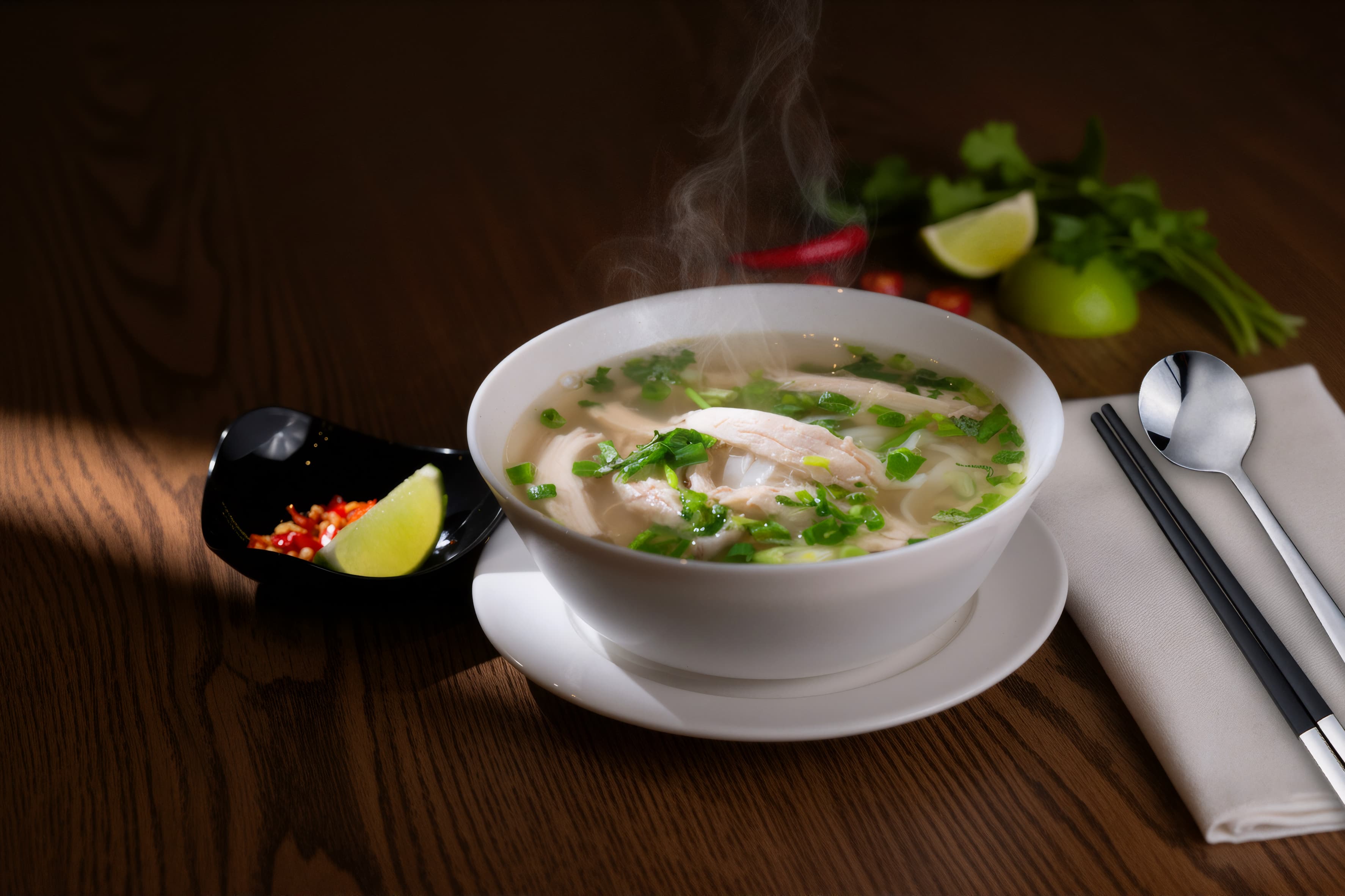 Steaming bowl of chicken pho with spring onion and lime