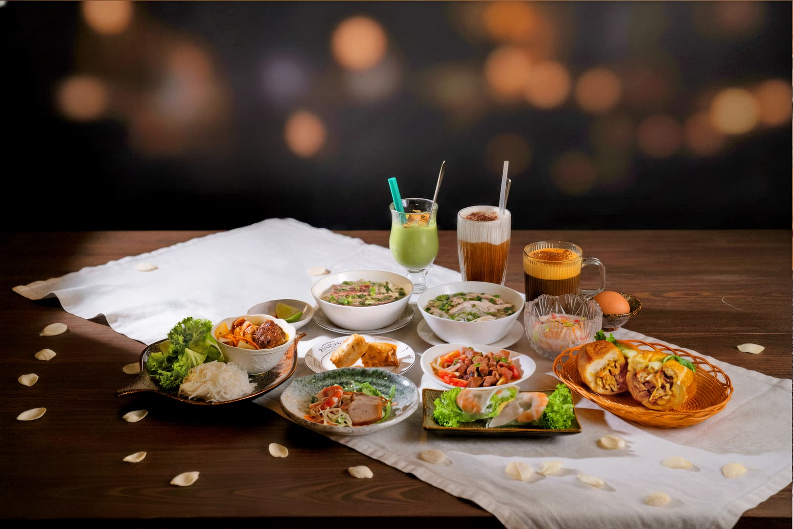 A spread of YENNEY dishes and drinks laid out on a wooden table